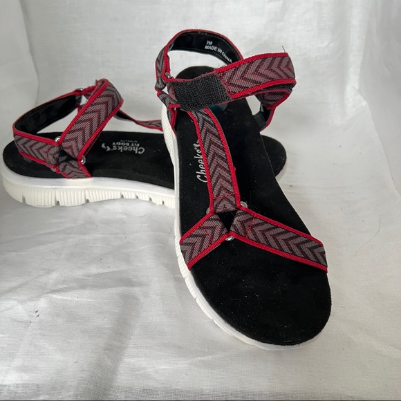 Tony Little CHEEKS Sandals Fit Body Straps Hook & Loop Red Black Fabric US Sz 7 - Picture 8 of 9